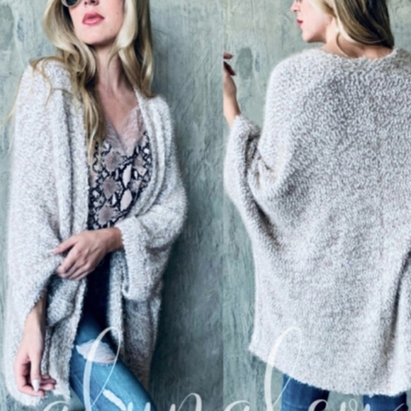 Beige-Taupe Fuzzy Knit Open Front Draped Cocoon Cardigan - Picture 2 of 15